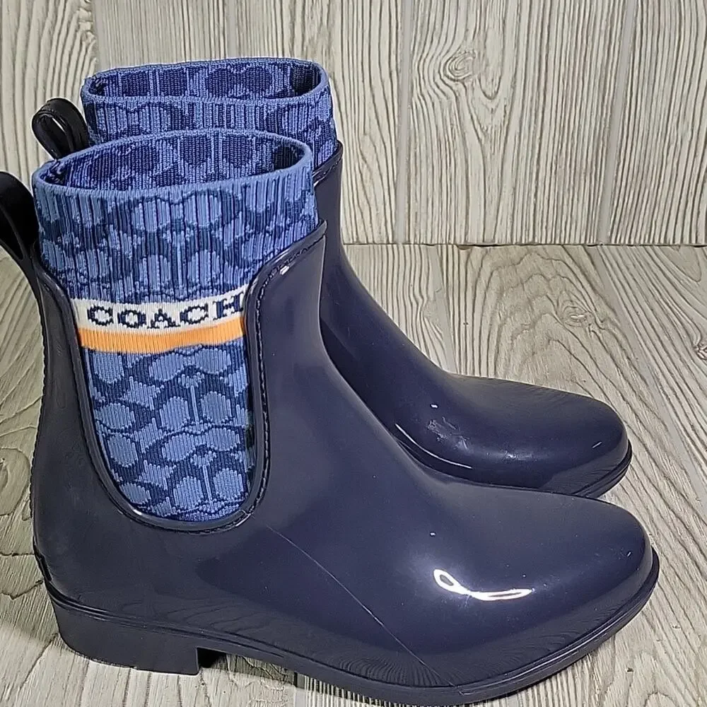 Coach Rivington Logo Navy Blue Rain Boots Womens Size 5 New - Picture 2 of 14